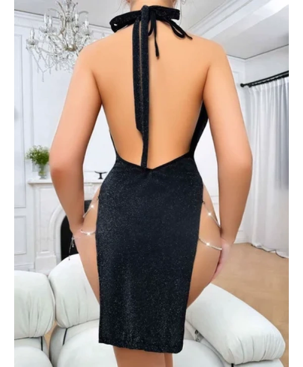 Siyah Seksi Elbise Zincirli 5045