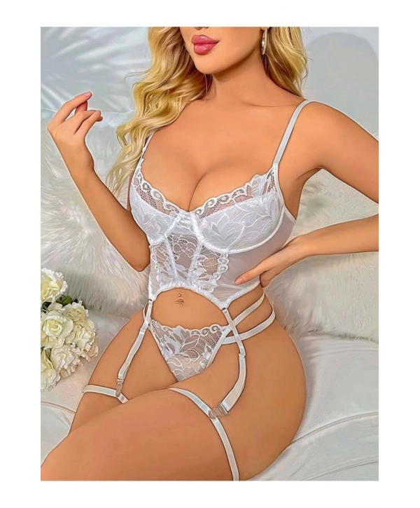 Morliva Transparan Beyaz Dantel İşlemeli Büstiyerli Jartiyer Takımı