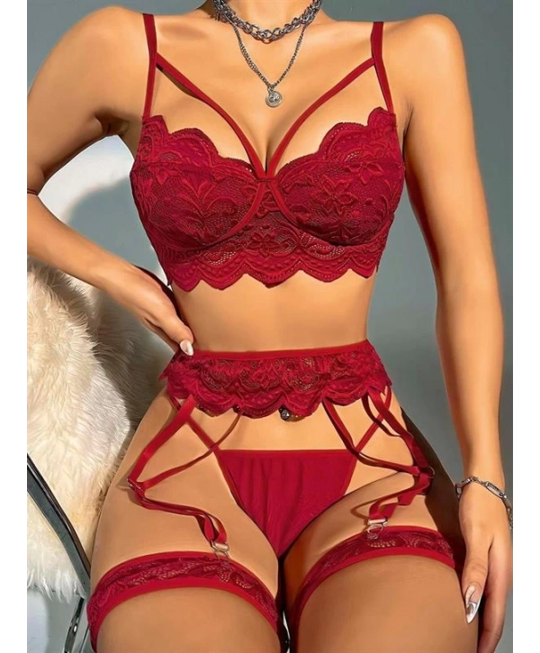 Morliva Transparan Bordo Dantel İşlemeli Sütyenli Jartiyer Takımı