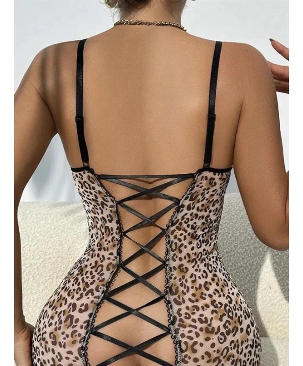 Transparan Leopar Tül Arkası Çapraz İpli Fantezi Gecelik