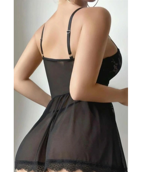 Transparan Siyah Dantel Detaylı Fantezi Tül Gecelik