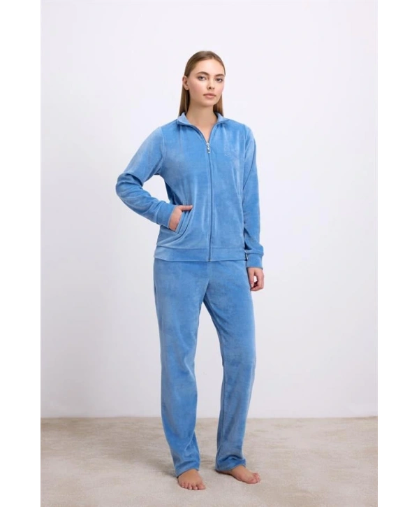 Uzun Kollu Fermuarlı Kadife Sweatshirt ve Pantolon Pijama Takımı