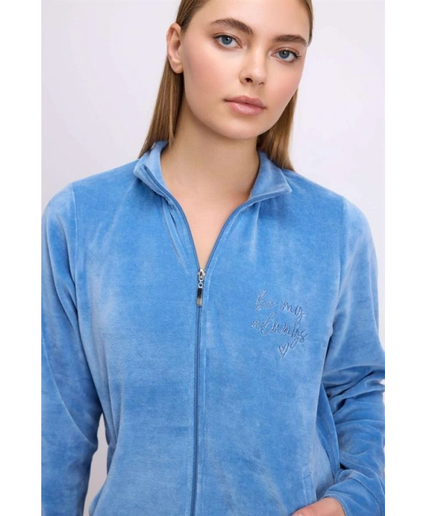 Uzun Kollu Fermuarlı Kadife Sweatshirt ve Pantolon Pijama Takımı