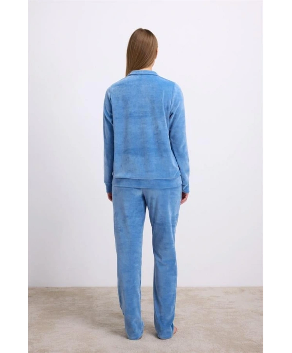 Uzun Kollu Fermuarlı Kadife Sweatshirt ve Pantolon Pijama Takımı
