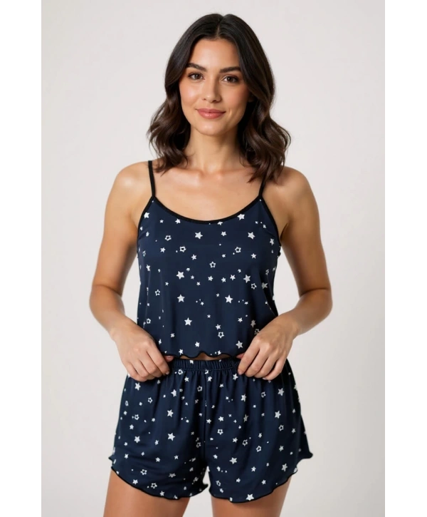 Yıldız Desenli Lacivert Şortlu Pijama Takımı