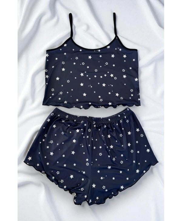 Yıldız Desenli Lacivert Şortlu Pijama Takımı