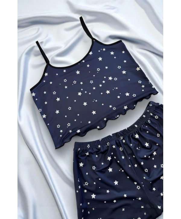 Yıldız Desenli Lacivert Şortlu Pijama Takımı