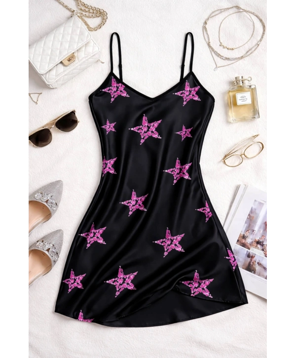 Yıldız Desenli Siyah Askılı Saten Gecelik