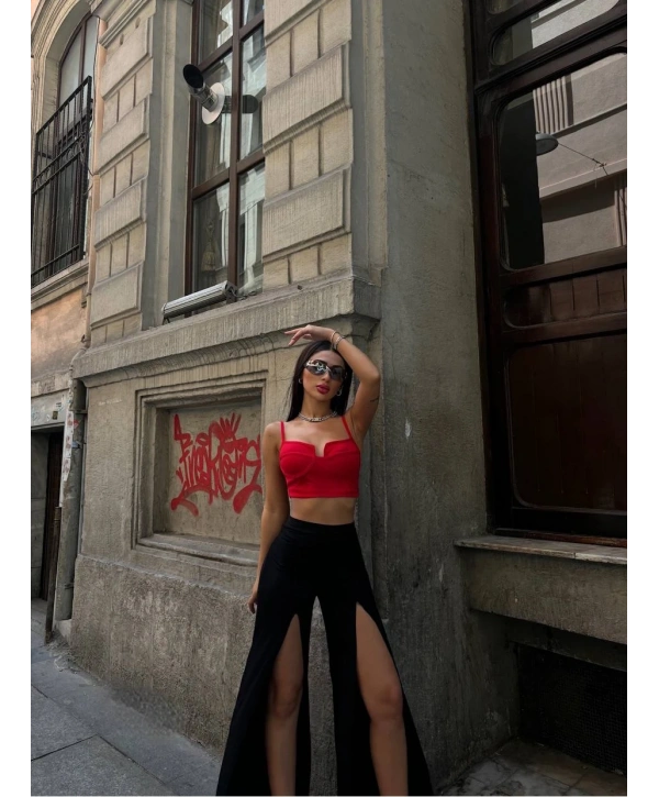 YIRTMAÇLI PANTOLON BALENLİ CROP TAKIM KIRMIZI