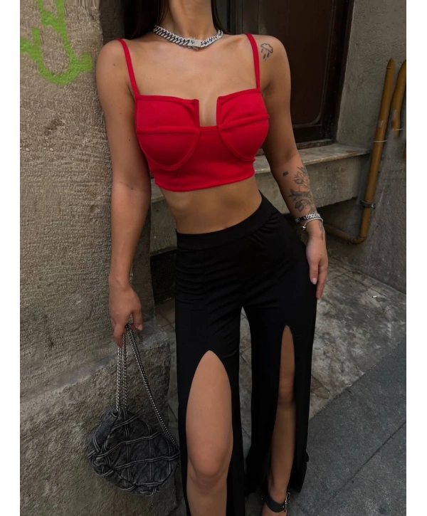 YIRTMAÇLI PANTOLON BALENLİ CROP TAKIM KIRMIZI