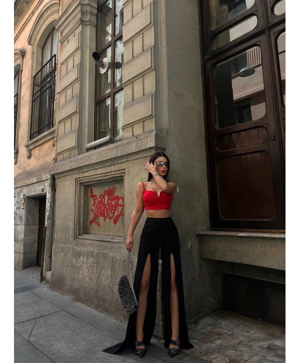 YIRTMAÇLI PANTOLON BALENLİ CROP TAKIM KIRMIZI
