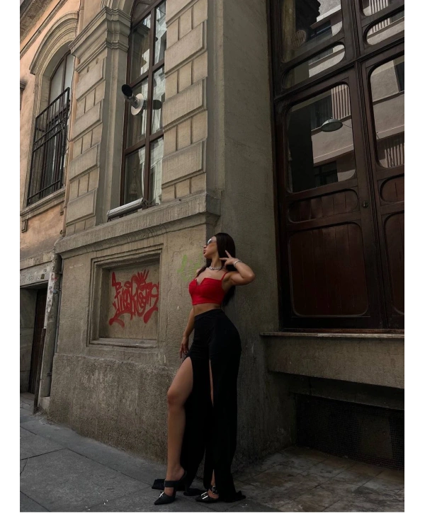 YIRTMAÇLI PANTOLON BALENLİ CROP TAKIM KIRMIZI