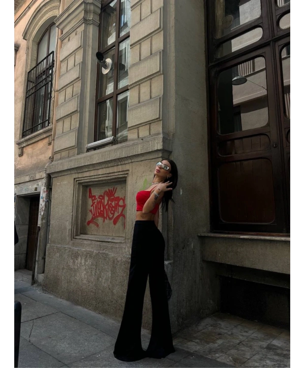 YIRTMAÇLI PANTOLON BALENLİ CROP TAKIM KIRMIZI