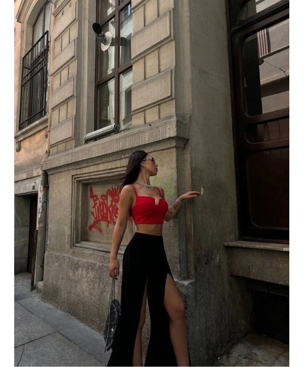 YIRTMAÇLI PANTOLON BALENLİ CROP TAKIM KIRMIZI