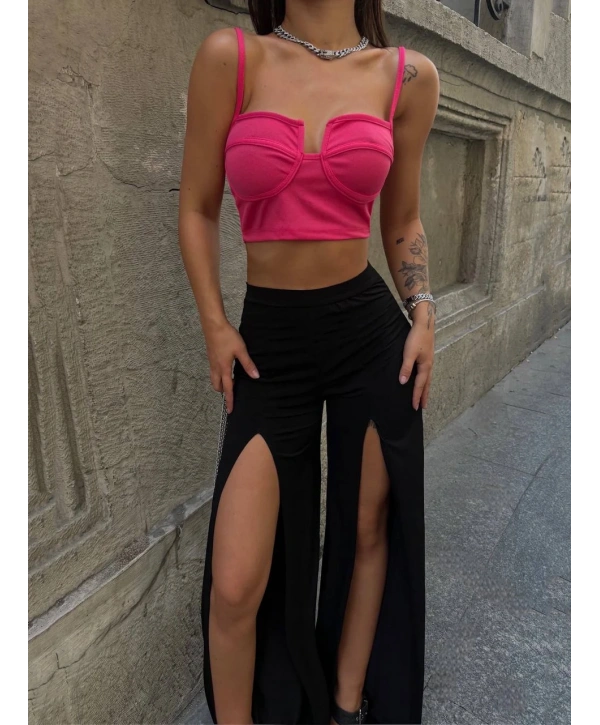 YIRTMAÇLI PANTOLON BALENLİ CROP TAKIM PEMBE