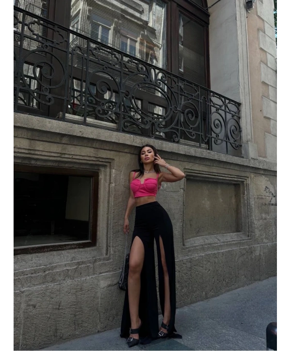 YIRTMAÇLI PANTOLON BALENLİ CROP TAKIM PEMBE