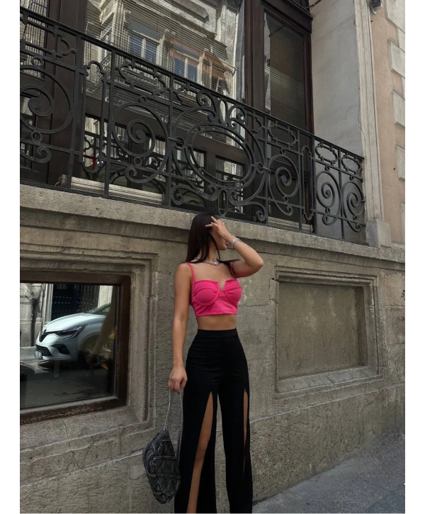 YIRTMAÇLI PANTOLON BALENLİ CROP TAKIM PEMBE