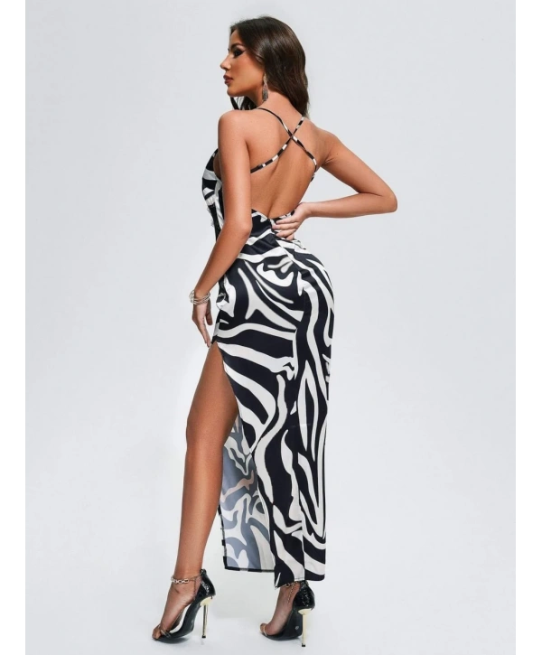 ZEBRA DESEN DANTEL DETAY UZUN ELBİSE ZEBRA