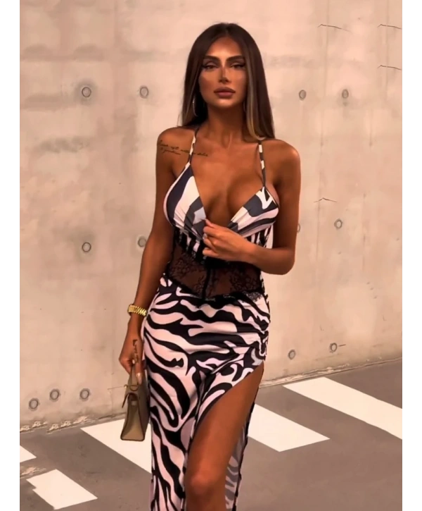 ZEBRA DESEN DANTEL DETAY UZUN ELBİSE ZEBRA