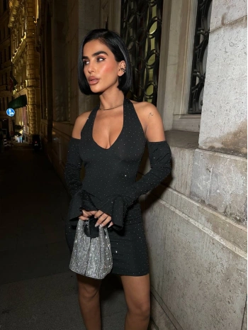 Işıltını Yansıt Full Taş Halter Mini Elbise