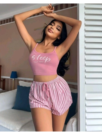 Kadın pembe çizgili desen Askılı Şortlu Pijama Takım 5002
