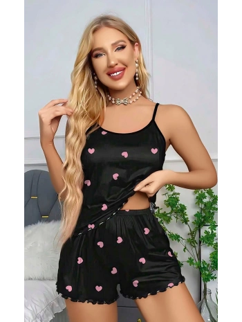Kadın Siyah Kalp Desenli Askılı Şortlu Gecelik Takım 5018