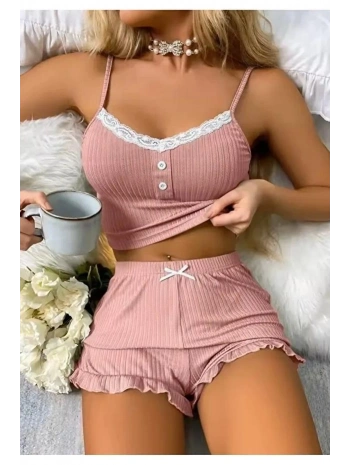Kadın Pudra Dantel Detaylı Şortlu Gecelik Pijama Takımı 5015