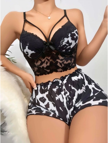 Kadın Siyah Leopar desenli Dantel detaylı Şortlu Gecelik Pijama Takımı 5055