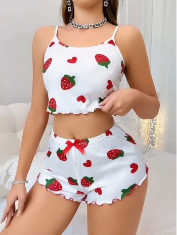 Kadın Beyaz Çilek desenli Şortlu Pijama Takımı 5053