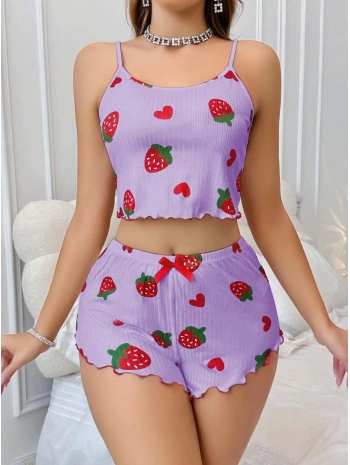 Kadın Mor Çilek desenli Şortlu Pijama Takımı 5061