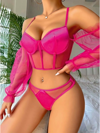 Pembe Kolları Tül Detaylı .Jartiyer Fantezi Takım 2020