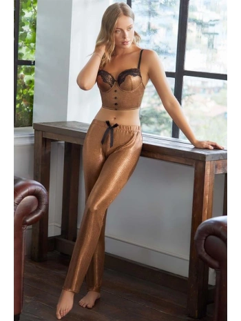 Morliva Balenli Destekli Dolgulu Parlak Baskılı Dantelli Büstiyer ve Pantolon Pijama Takım (4176)