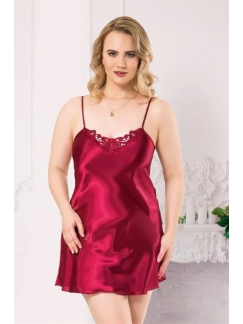 Morliva Büyük Beden Bordo Kısa Saten Gecelik