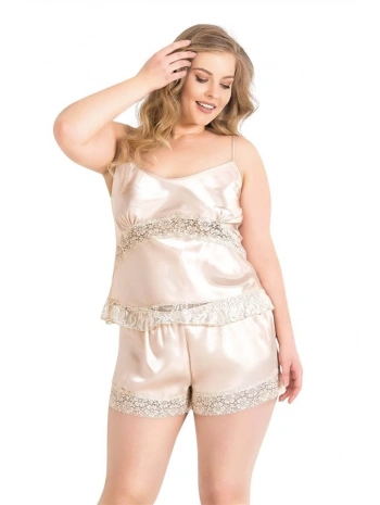 Morliva Büyük Beden Fildişi Saten Babydoll Şort Takımı