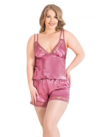 Morliva Büyük Beden Gül Kurusu Saten Babydoll Şort Takımı