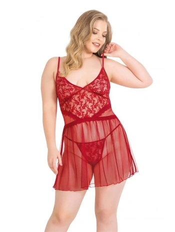 Morliva Büyük Beden Kırmızı Kısa Tül Gecelik