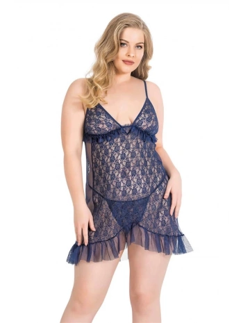 Morliva  Büyük Beden Lacivert Kısa Tül Gecelik