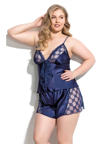 Morliva  Büyük Beden Lacivert Saten Babydoll Şort Takımı