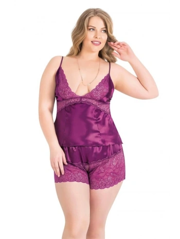 Morliva  Büyük Beden Mor Saten Babydoll Şort Takımı