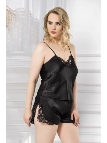 Morliva Büyük Beden Siyah Saten Babydoll Şort Takımı