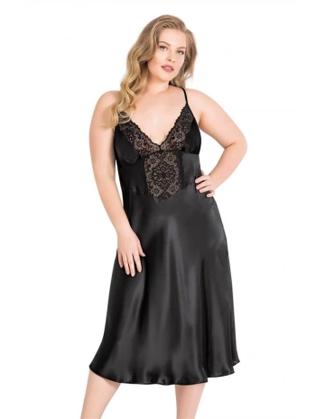 Morliva Büyük Beden Siyah Uzun Saten Gecelik