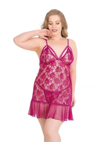 Morliva  Büyük Beden Vişne Kısa Tül Gecelik