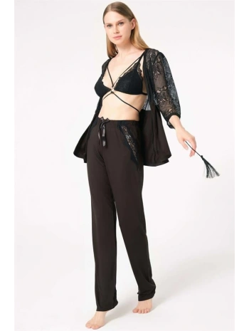 Morliva  Dantelli Sabahlık Balensiz Desteksiz Dolgusuz Yaka Detaylı Sütyen ve Pantolon Pijama 3lü Takım