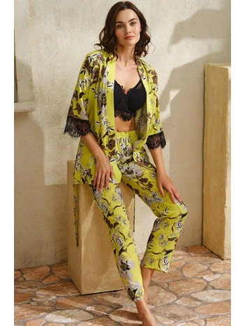 Morliva  Dokuma Viskon Çiçek Baskılı Dantelli Sabahlık Balenli Desteksiz Dolgusuz Büstiyer Sütyen ve Pantolon Pijama 3lü Takım