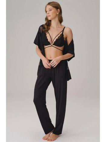 Morliva   İp Askılı V Yaka Düz Yazlık Uzun Dantel Detaylı Pijama Takımı Sabahlık