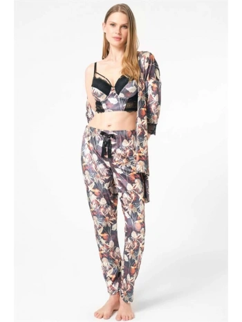 Morliva  Kadife Çiçek Desenli Sabahlık Balenli Destekli Dolgulu Yaka Detaylı Dantelli Büstiyer Sütyen ve Pantolon Pijama 3lü Takım