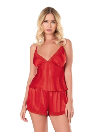 Morliva  Kırmızı Saten Babydoll Şort Takımı