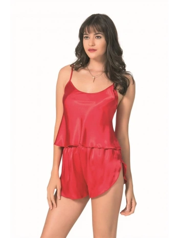 Morliva Kırmızı Saten Babydoll Şort Takımı