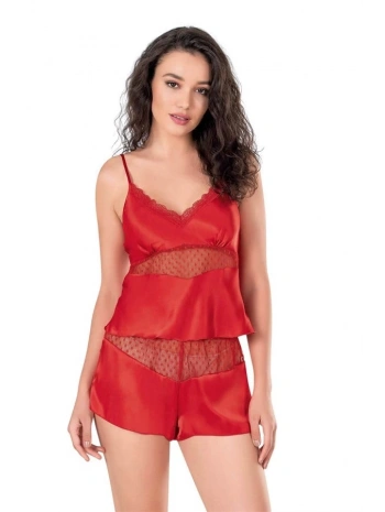 Morliva  Kırmızı Saten Babydoll Şort Takımı
