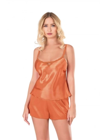 Morliva Oranj Saten Babydoll Şort Takımı